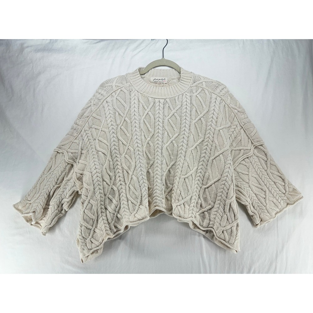 Free People Ashore XS Cream Cable Knit Oversized Cropped Sweater Ivory Crewneck - Picture 2 of 8